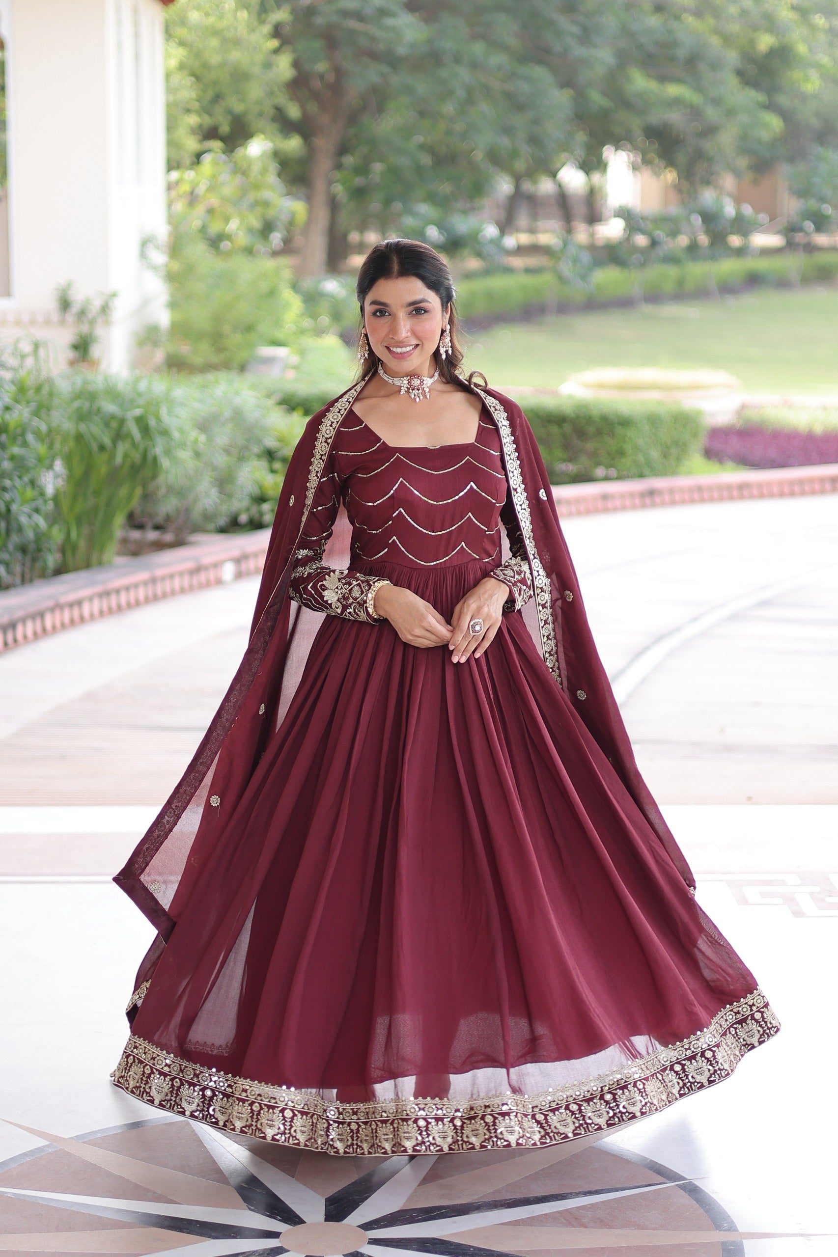 Designer Vichitra Silk Gown With Dupatta