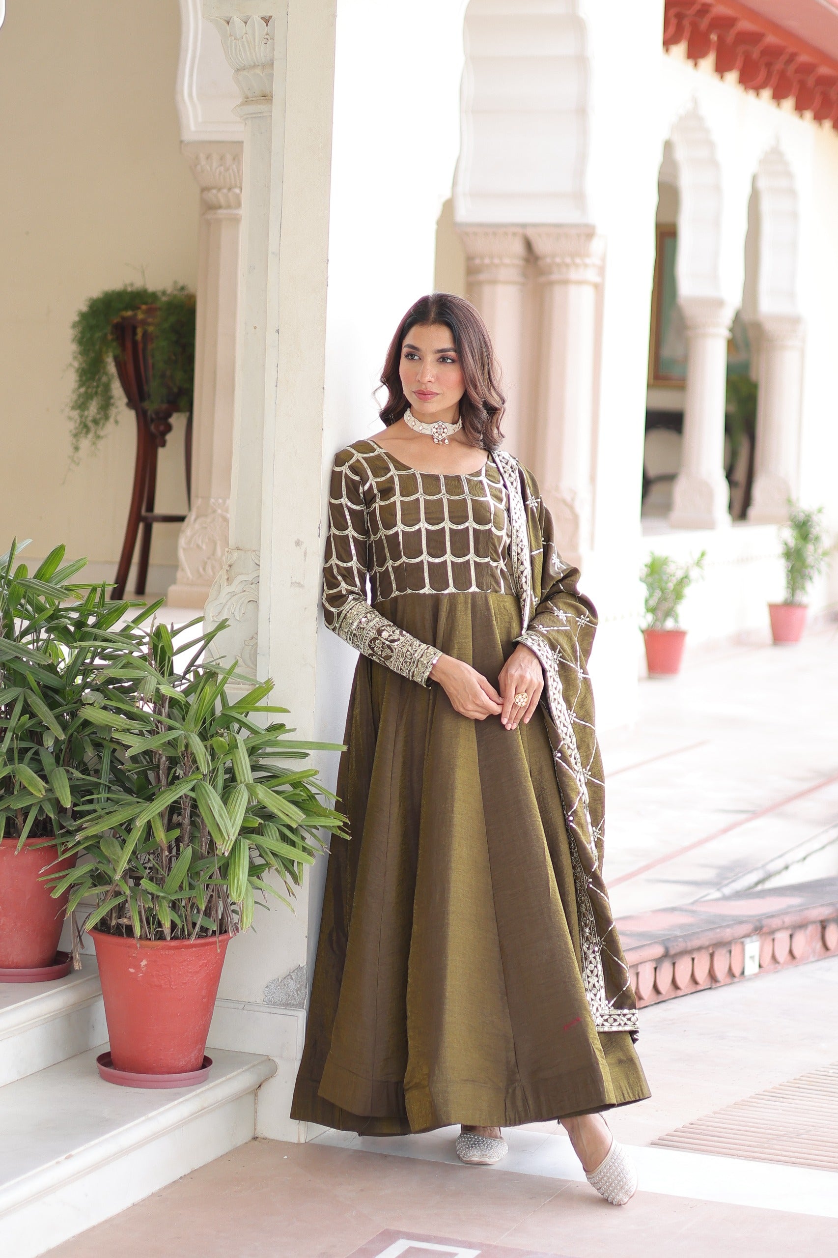 Vichitra Silk Embroidered Readymade Gown