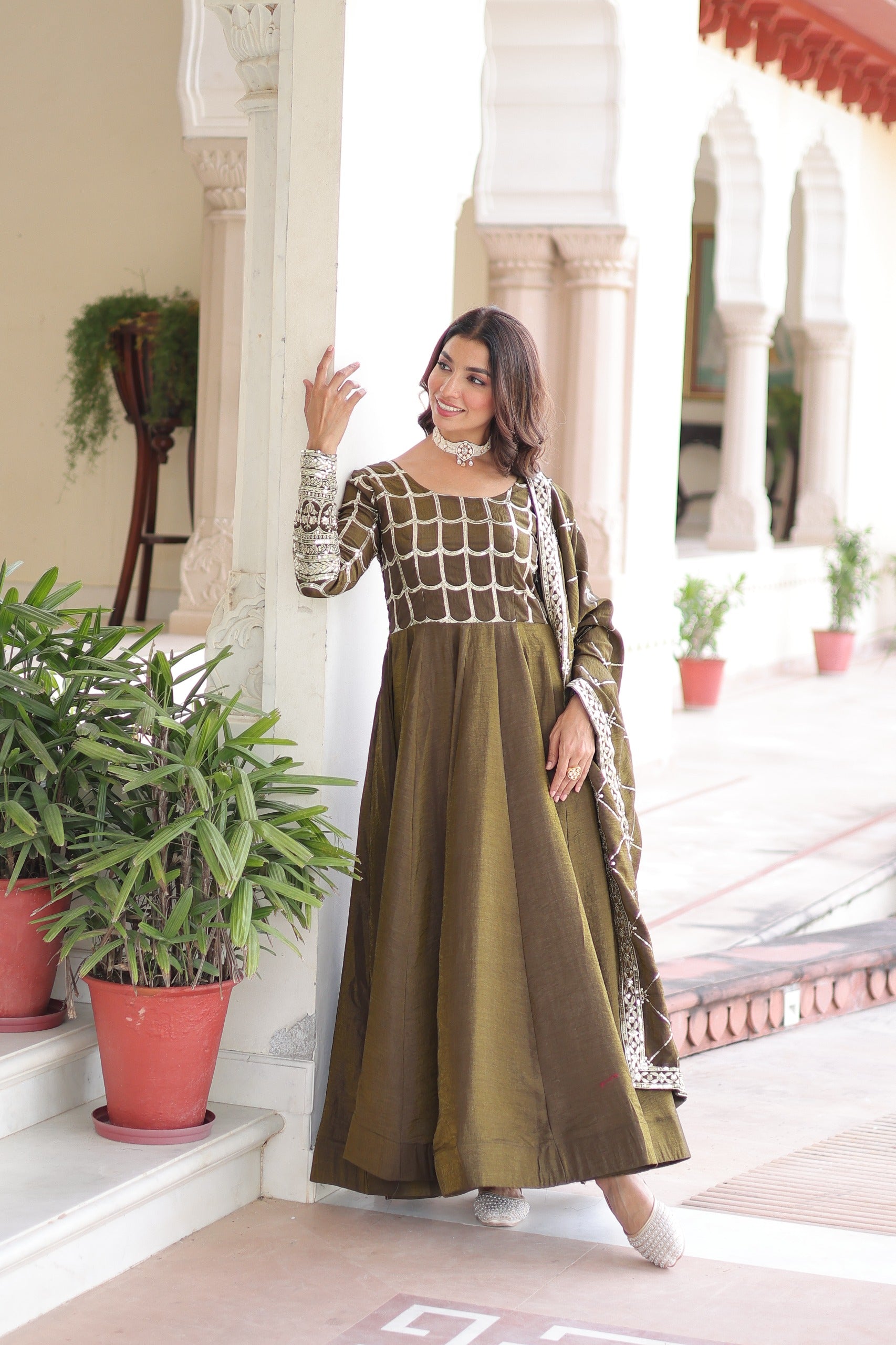 Vichitra Silk Embroidered Readymade Gown