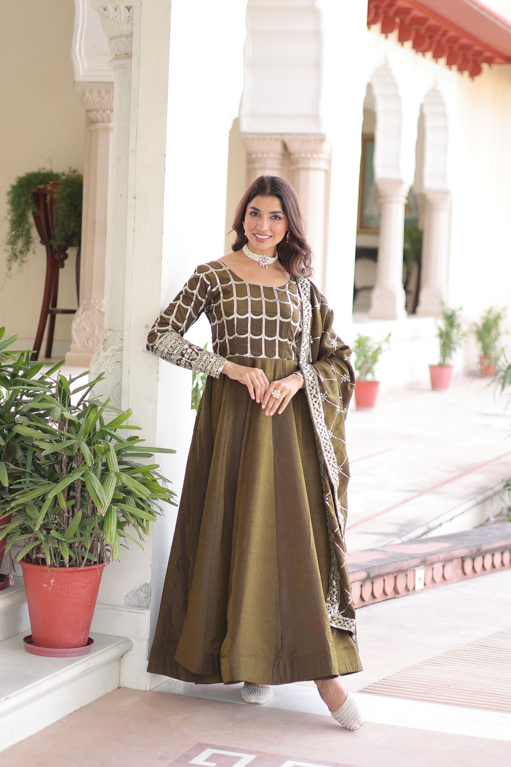 Vichitra Silk Embroidered Readymade Gown