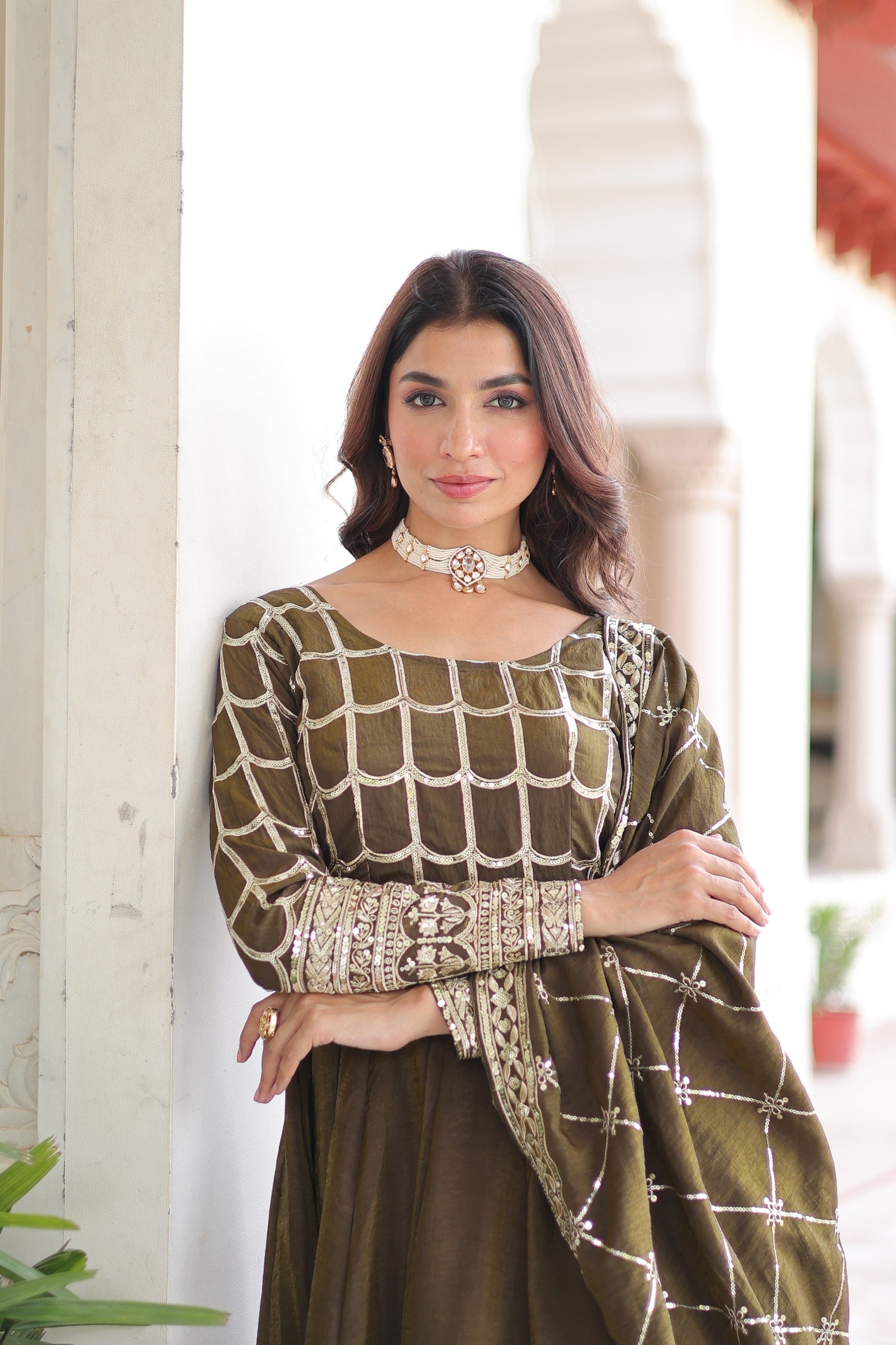 Vichitra Silk Embroidered Readymade Gown