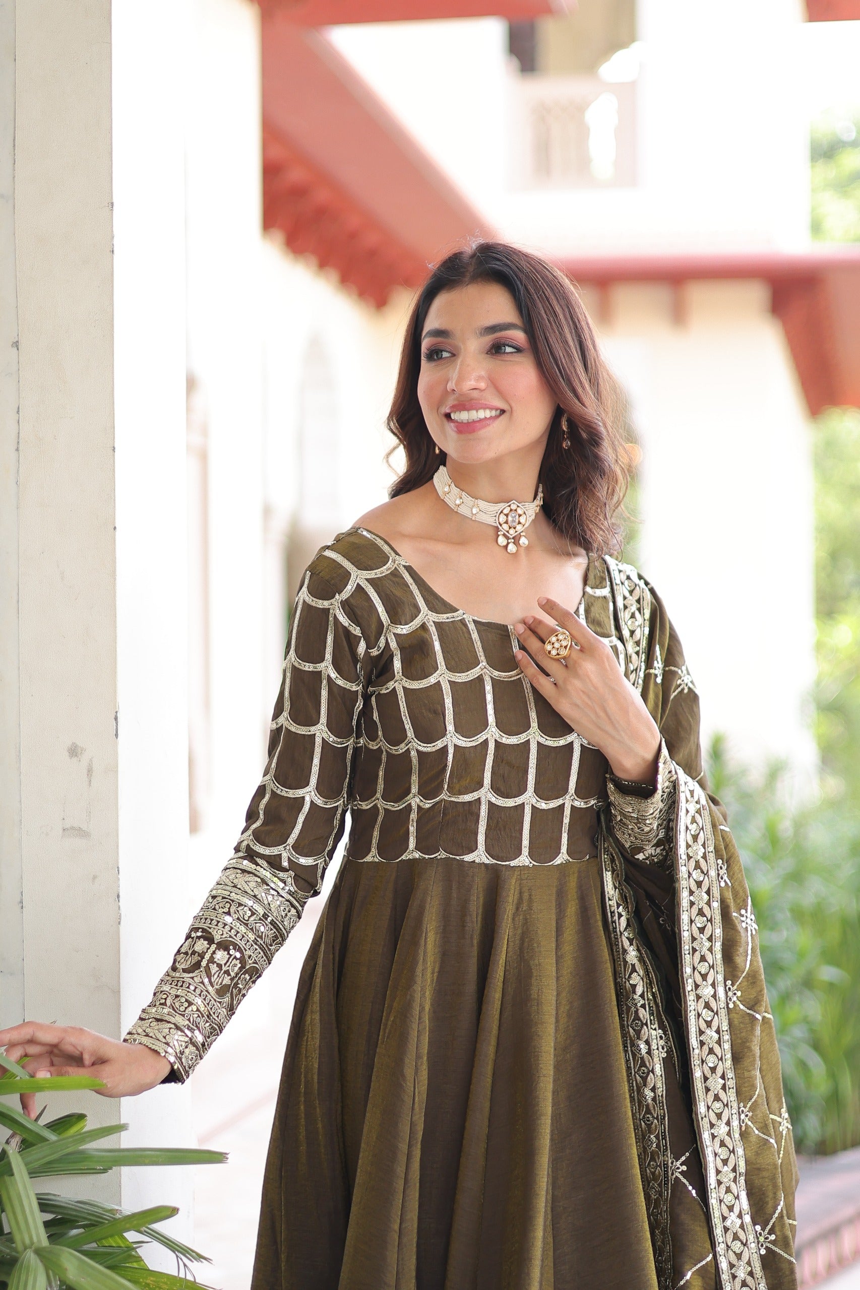 Vichitra Silk Embroidered Readymade Gown