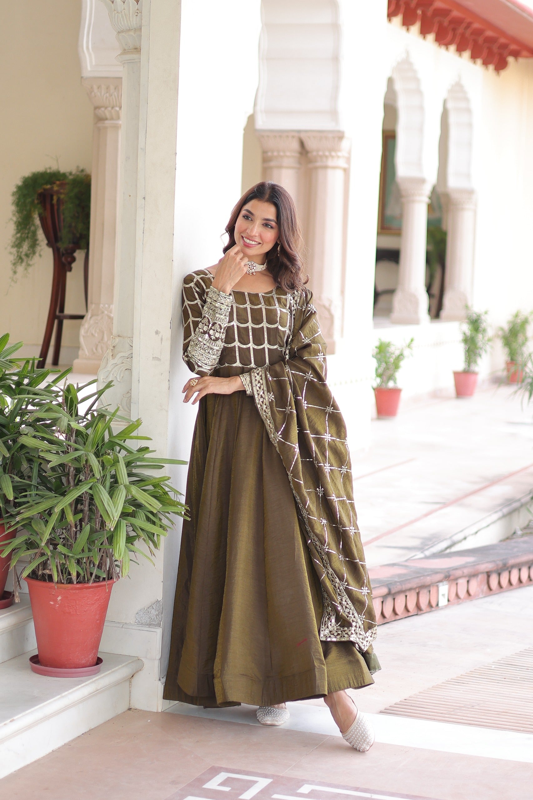 Vichitra Silk Embroidered Readymade Gown
