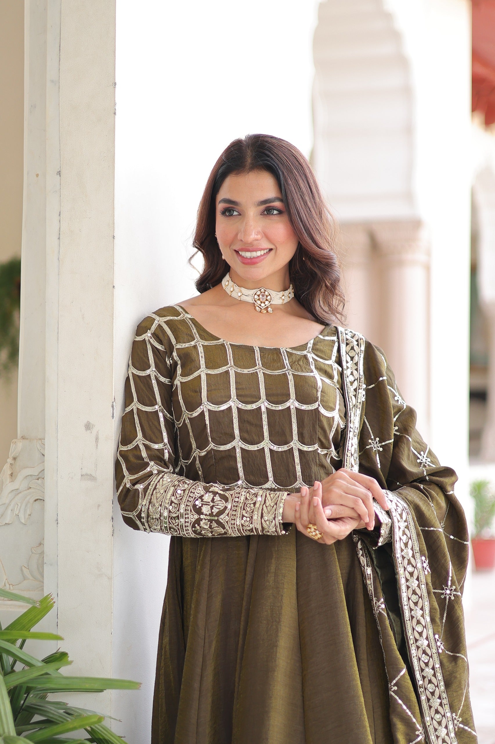 Vichitra Silk Embroidered Readymade Gown