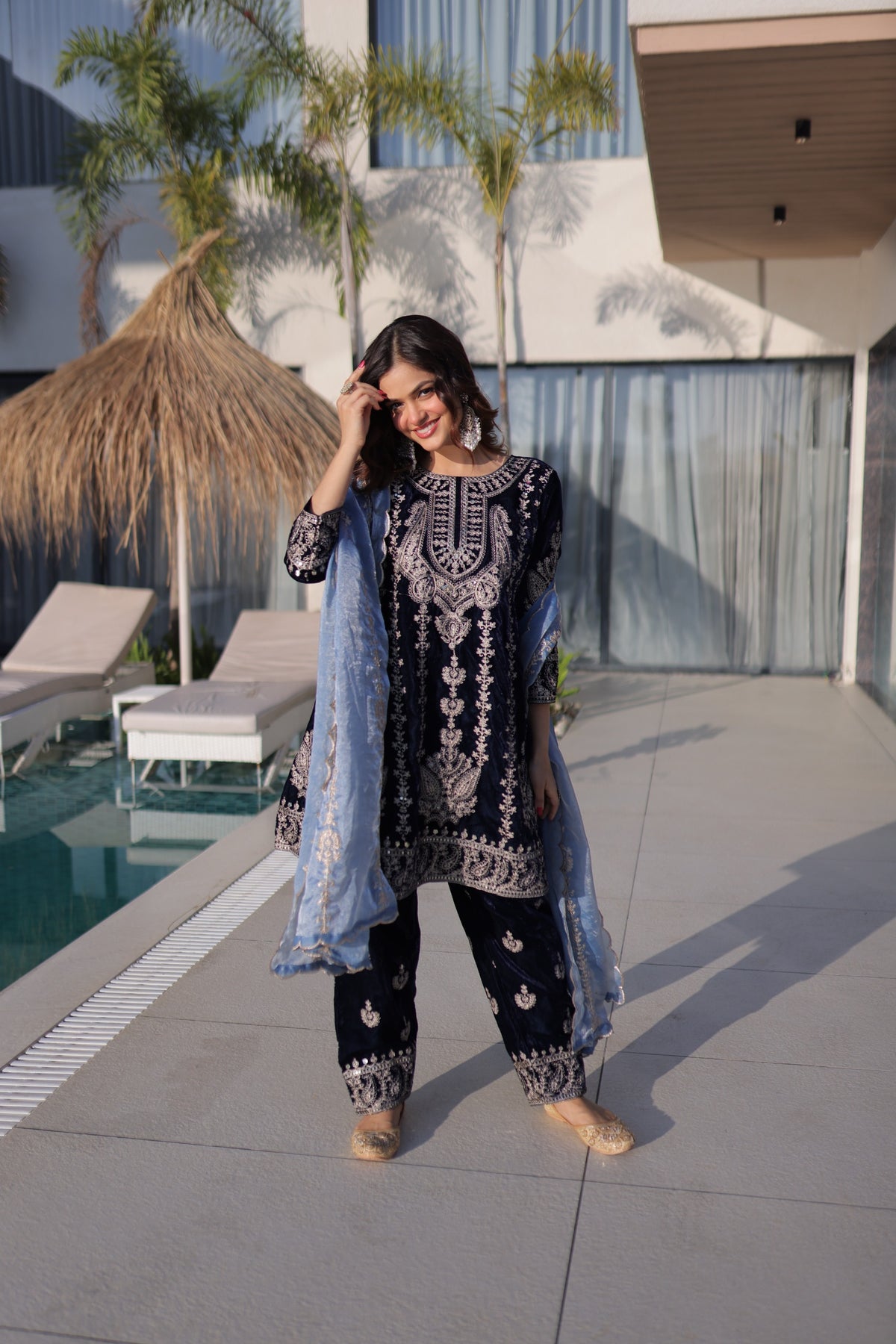 Designer Blue Velvet Readymade Top–Pant With Dupatta Set