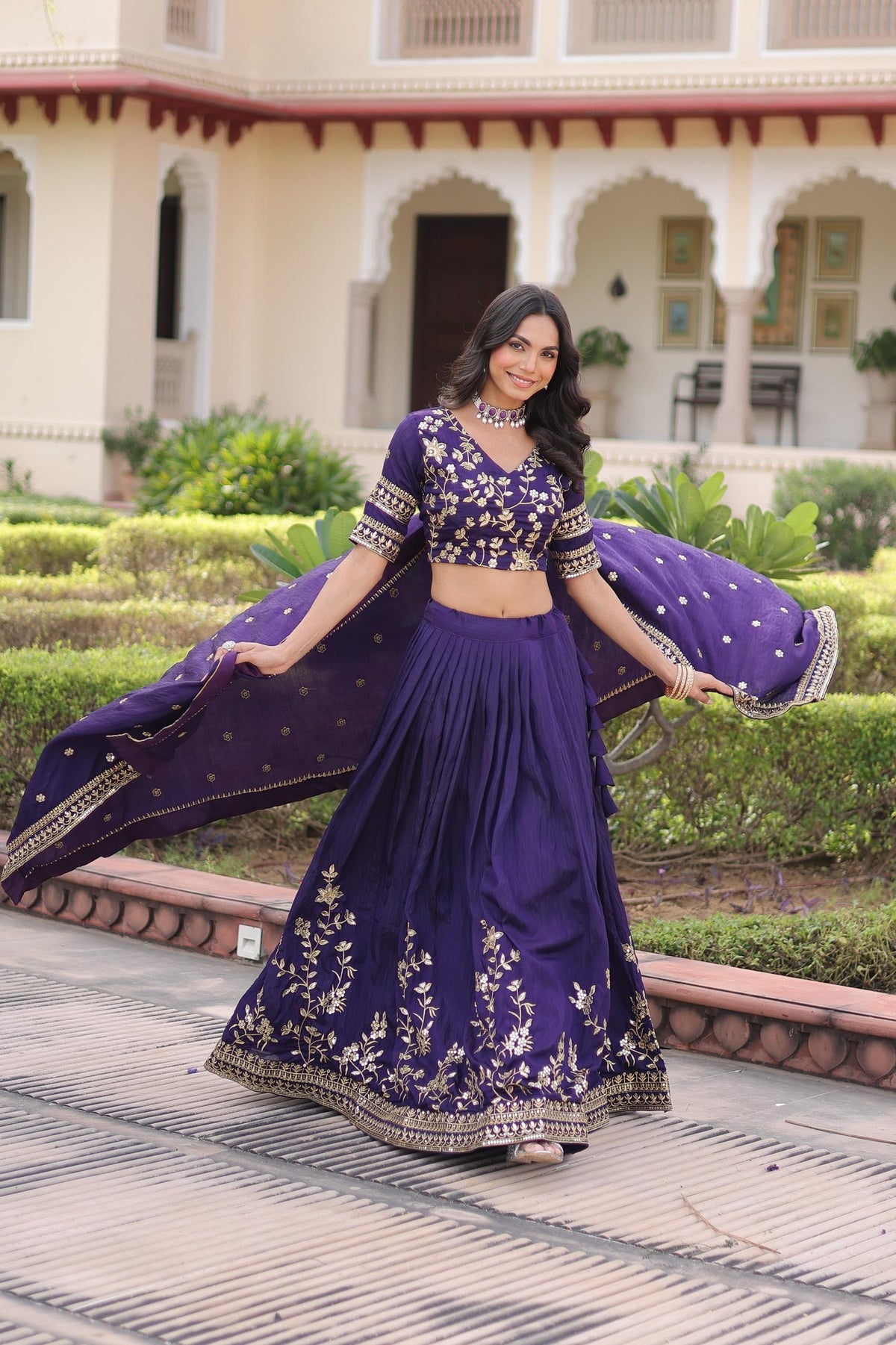 Designer Lehenga Choli Set in Vichitra Silk
