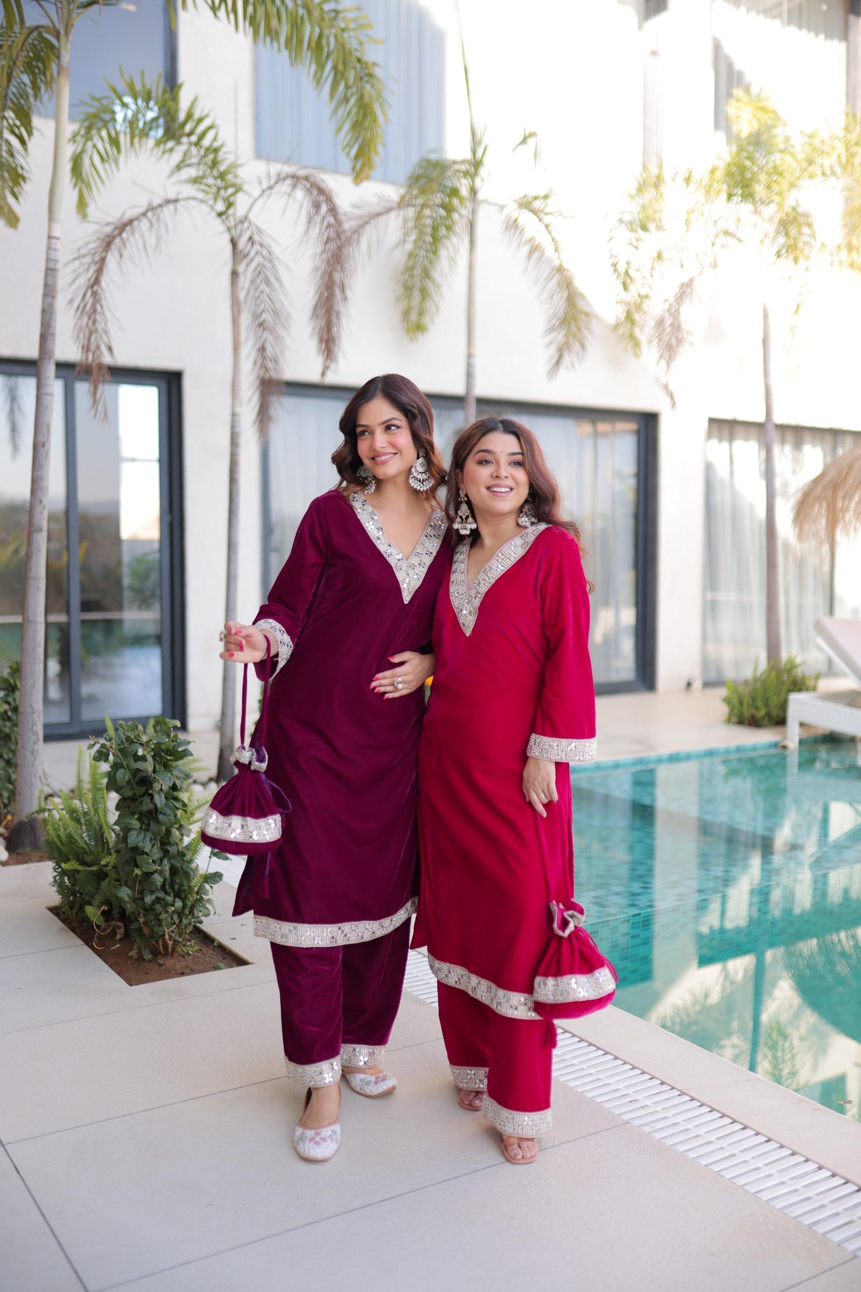 Ready-Made Top Pant Set with Batwa – Velvet Mirror Work