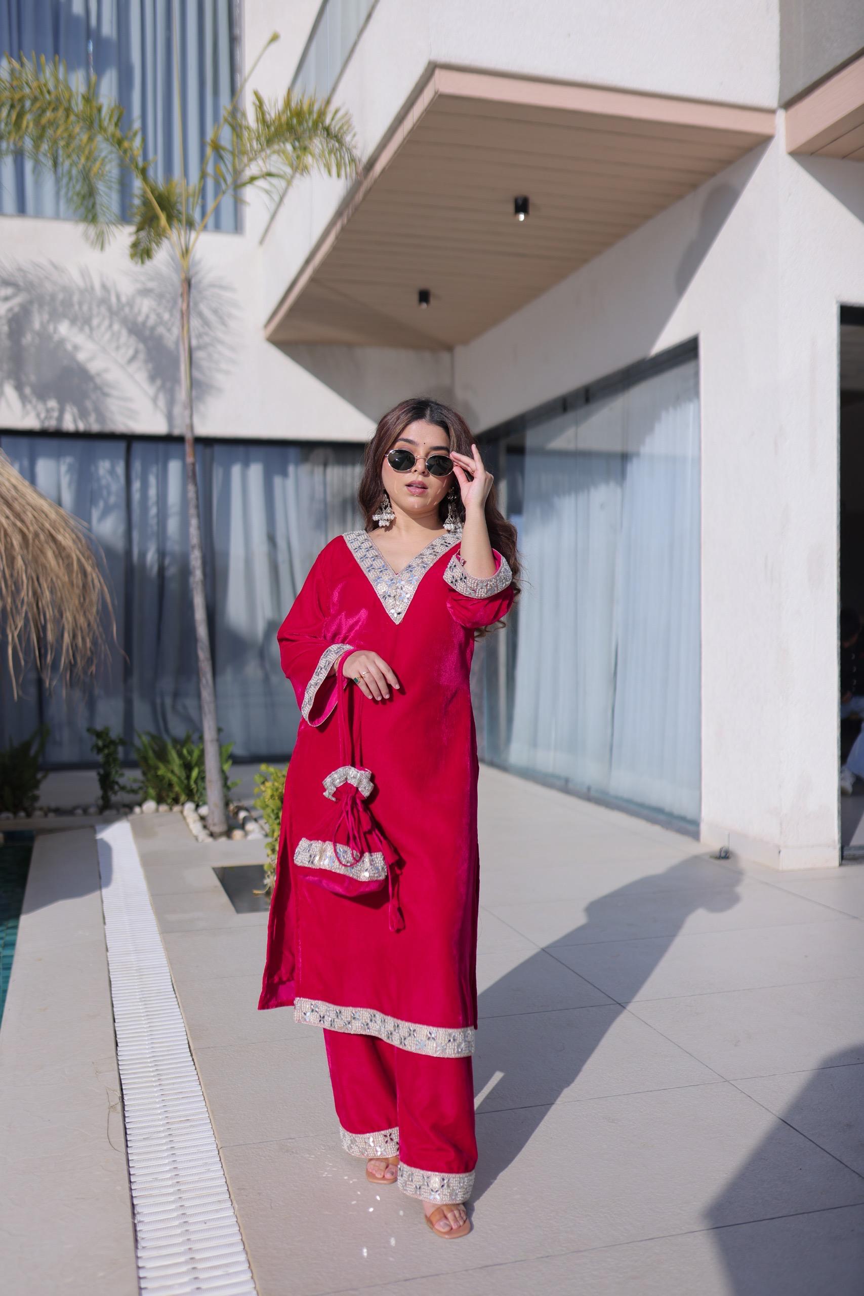 Ready-Made Top Pant Set with Batwa – Velvet Mirror Work