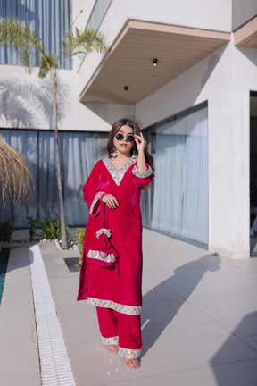 Ready-Made Top Pant Set with Batwa – Velvet Mirror Work