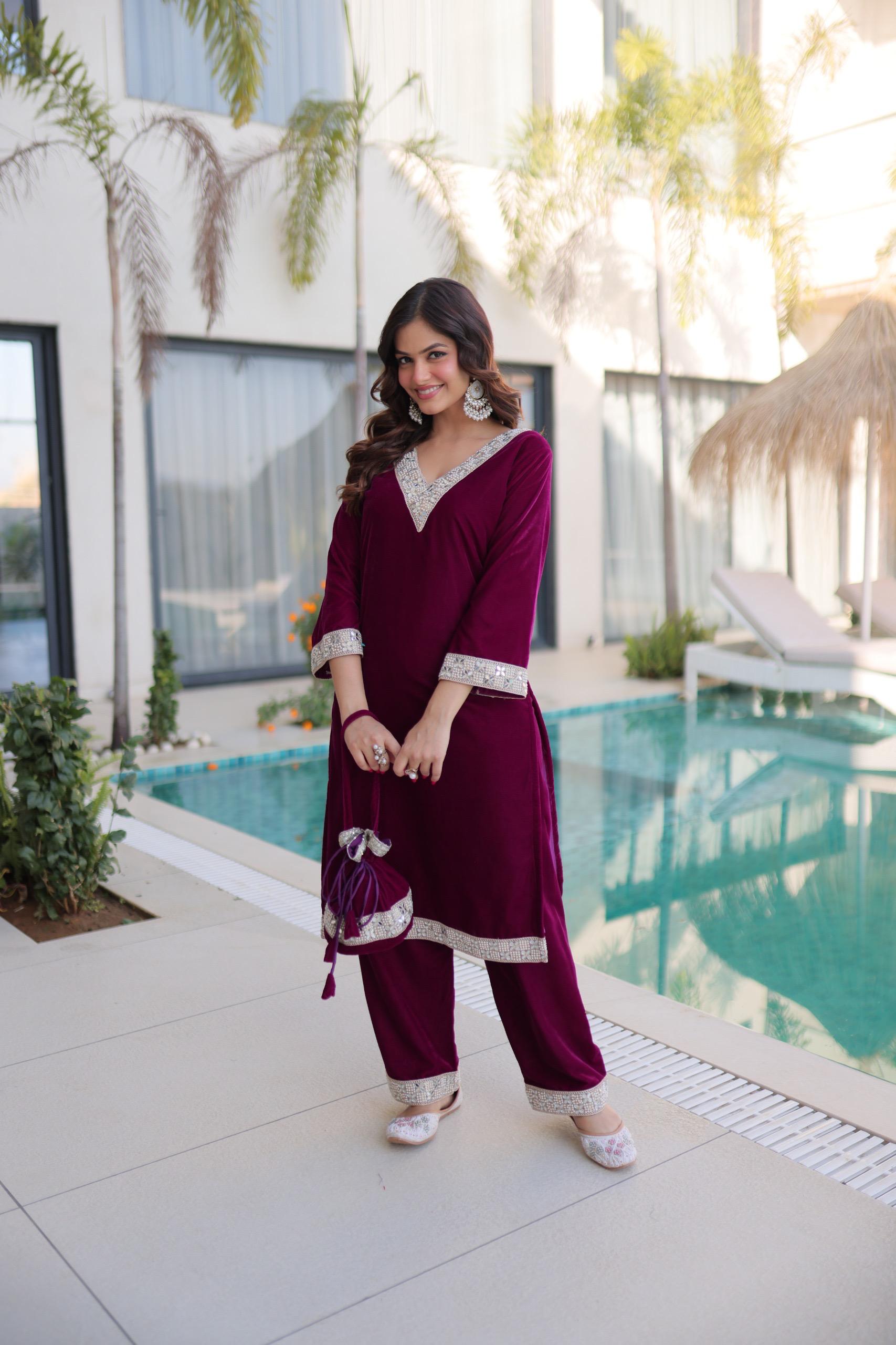 Ready-Made Top Pant Set with Batwa – Velvet Mirror Work