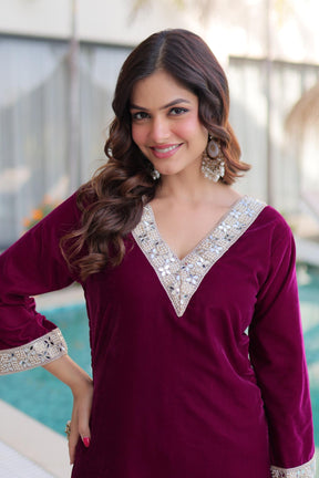 Ready-Made Top Pant Set with Batwa – Velvet Mirror Work