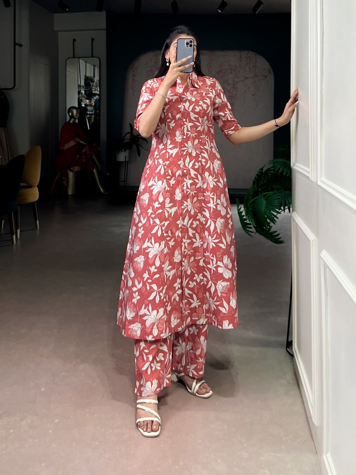 Coral Bloom Chanderi Suit Set