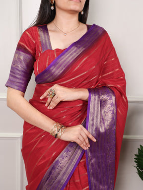Red Soft Crepe Stripe Weaving Saree