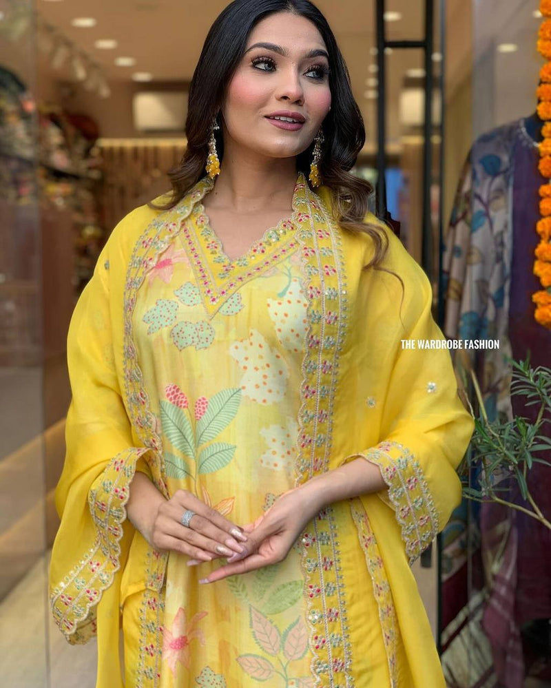 YELLOW MASLEEN SILK WITH ORGANZA DUPATTA