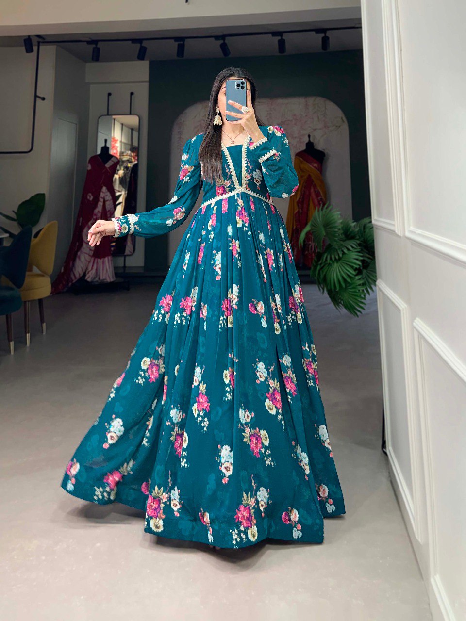 BLUE FLORAL PRINT GORGETTE GOWN