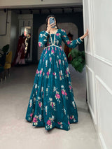 BLUE FLORAL PRINT GORGETTE GOWN