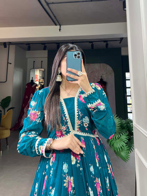BLUE FLORAL PRINT GORGETTE GOWN