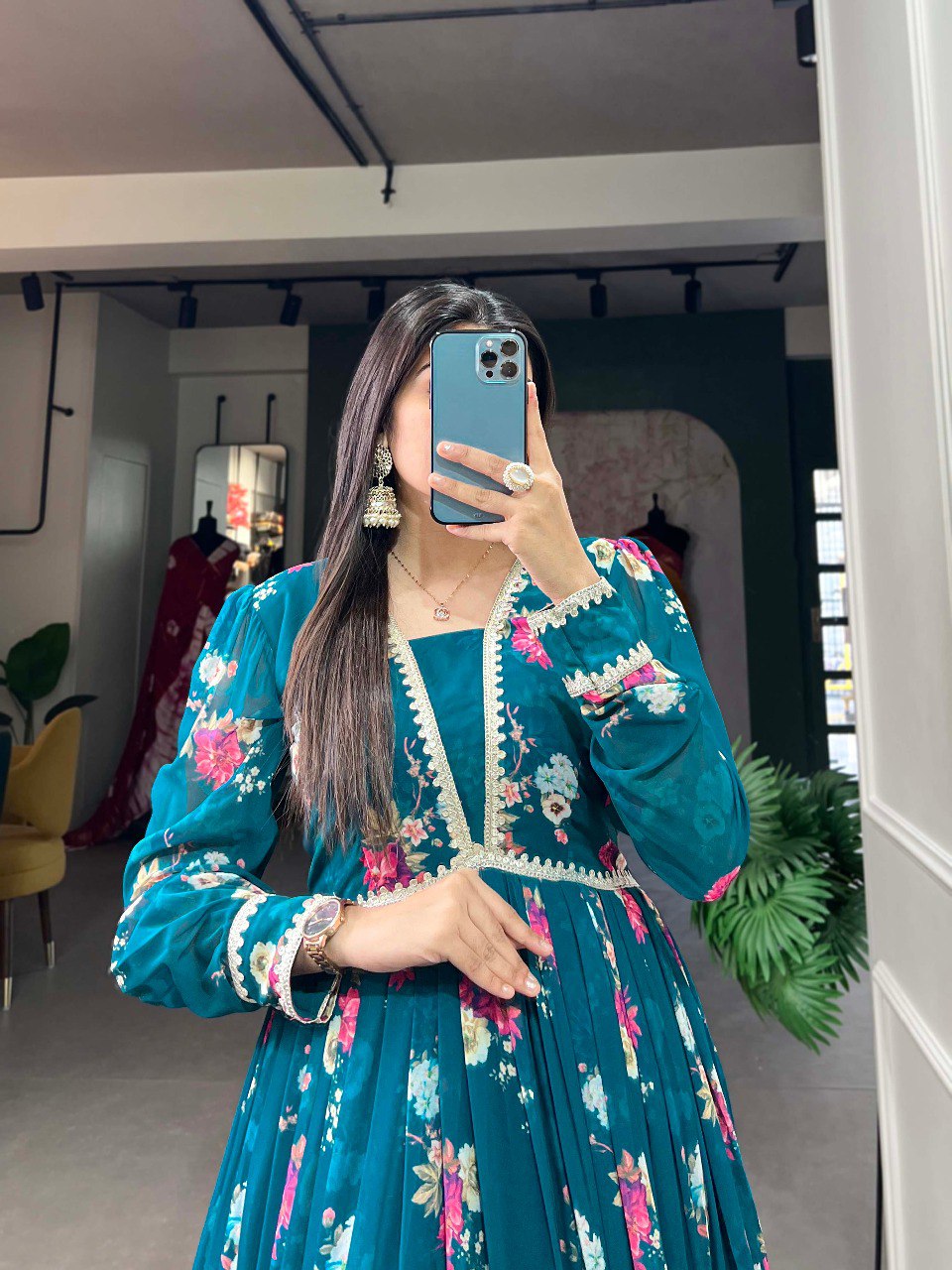 BLUE FLORAL PRINT GORGETTE GOWN