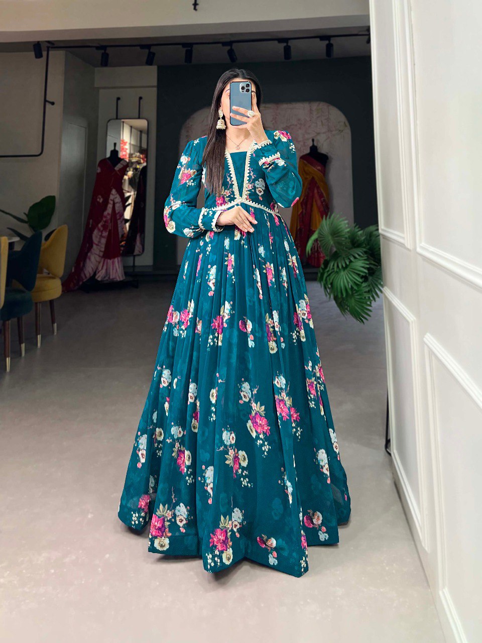BLUE FLORAL PRINT GORGETTE GOWN