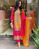 Multicoloured Bandhni Suit Set with Stone Work