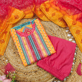 Multicoloured Bandhni Suit Set with Stone Work