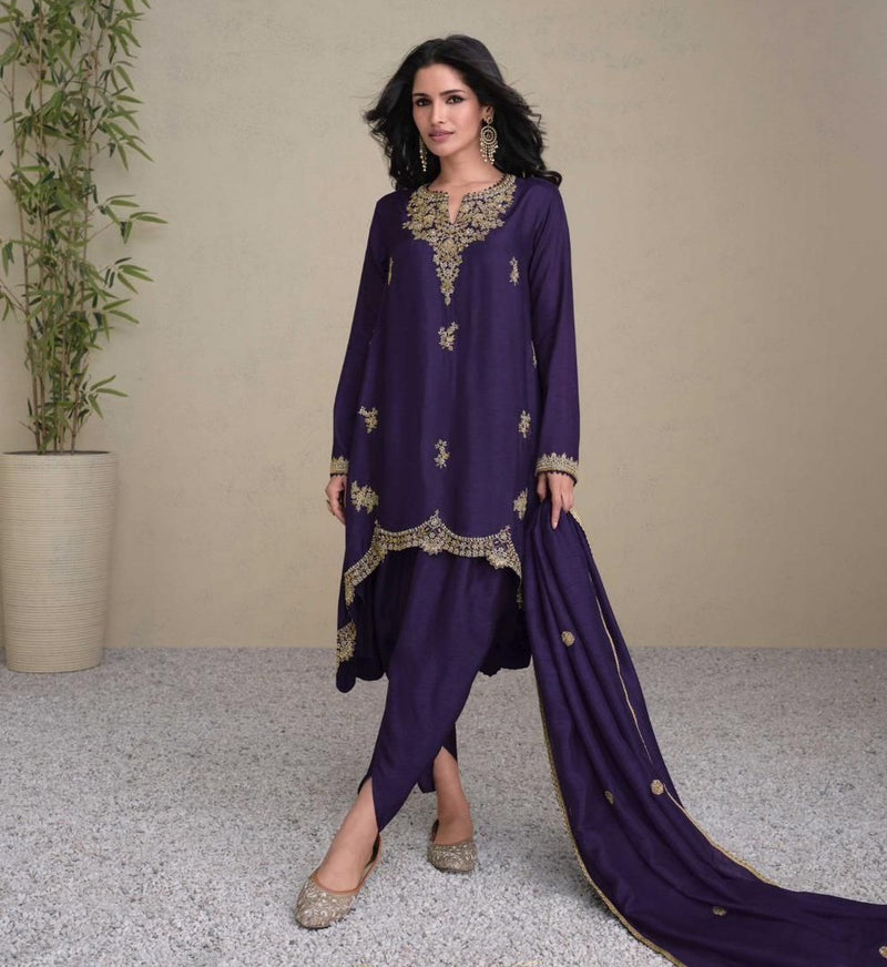 Purple Premium Silk Fabric Embroidered