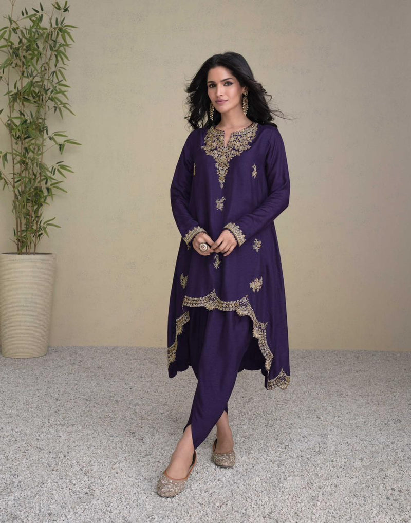 Purple Premium Silk Fabric Embroidered