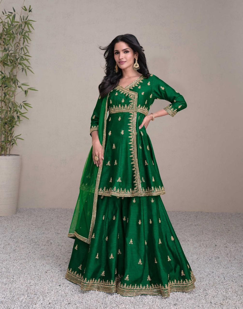 GREEN Silk Fabric Embroidered full sleeves