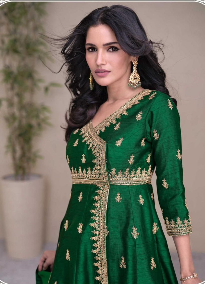 GREEN Silk Fabric Embroidered full sleeves