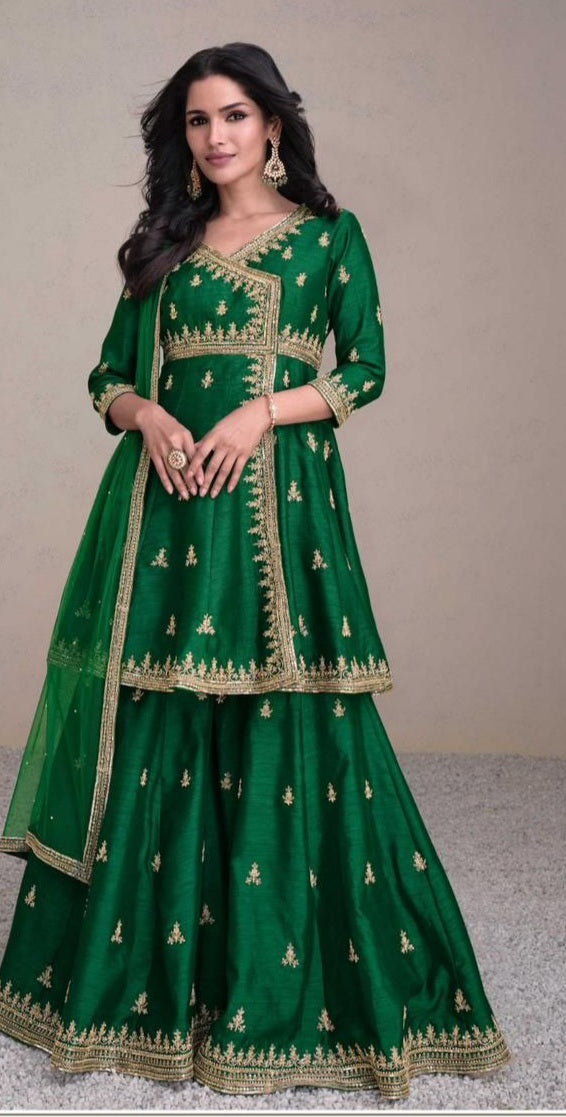 GREEN Silk Fabric Embroidered full sleeves