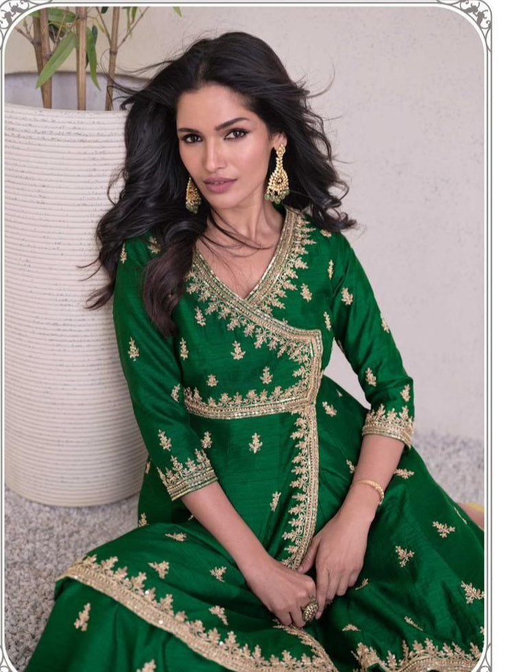 GREEN Silk Fabric Embroidered full sleeves