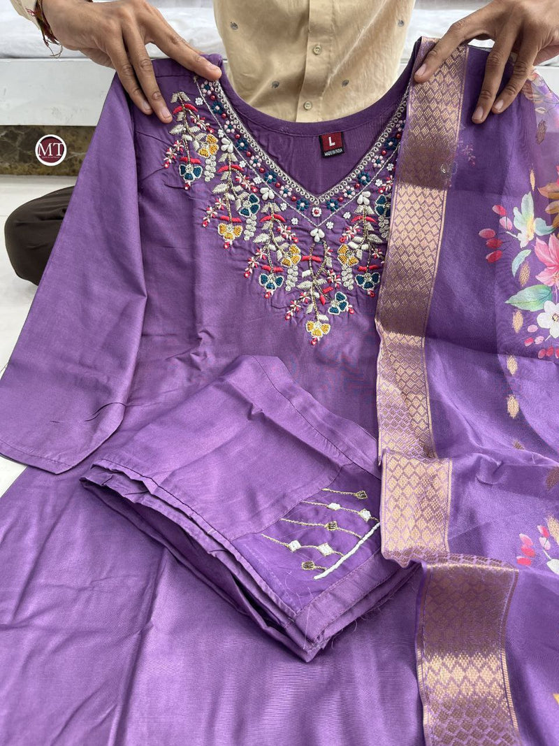 Purple & Blue Chanderi Silk Suit Set