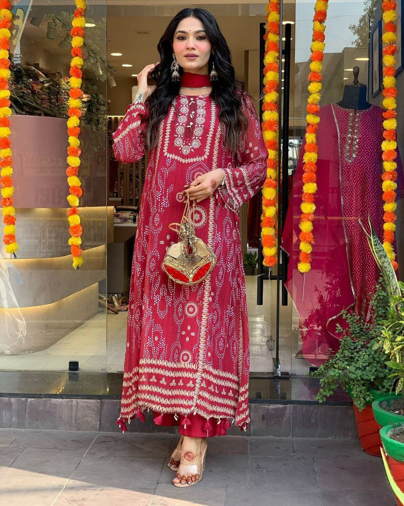 Red Printed thread kodi Suit Set