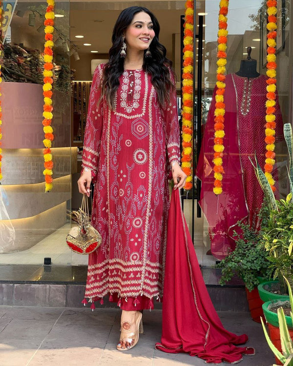 Red Printed thread kodi Suit Set