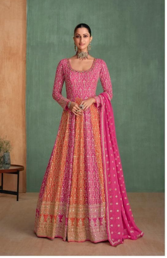 Pink & Blue Heavy Embroidered wedding Gown