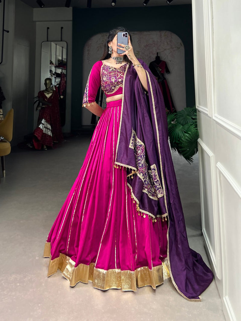 Chanderi Lehenga with zari line gota patti