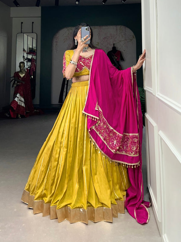 Chanderi Lehenga with zari line gota patti