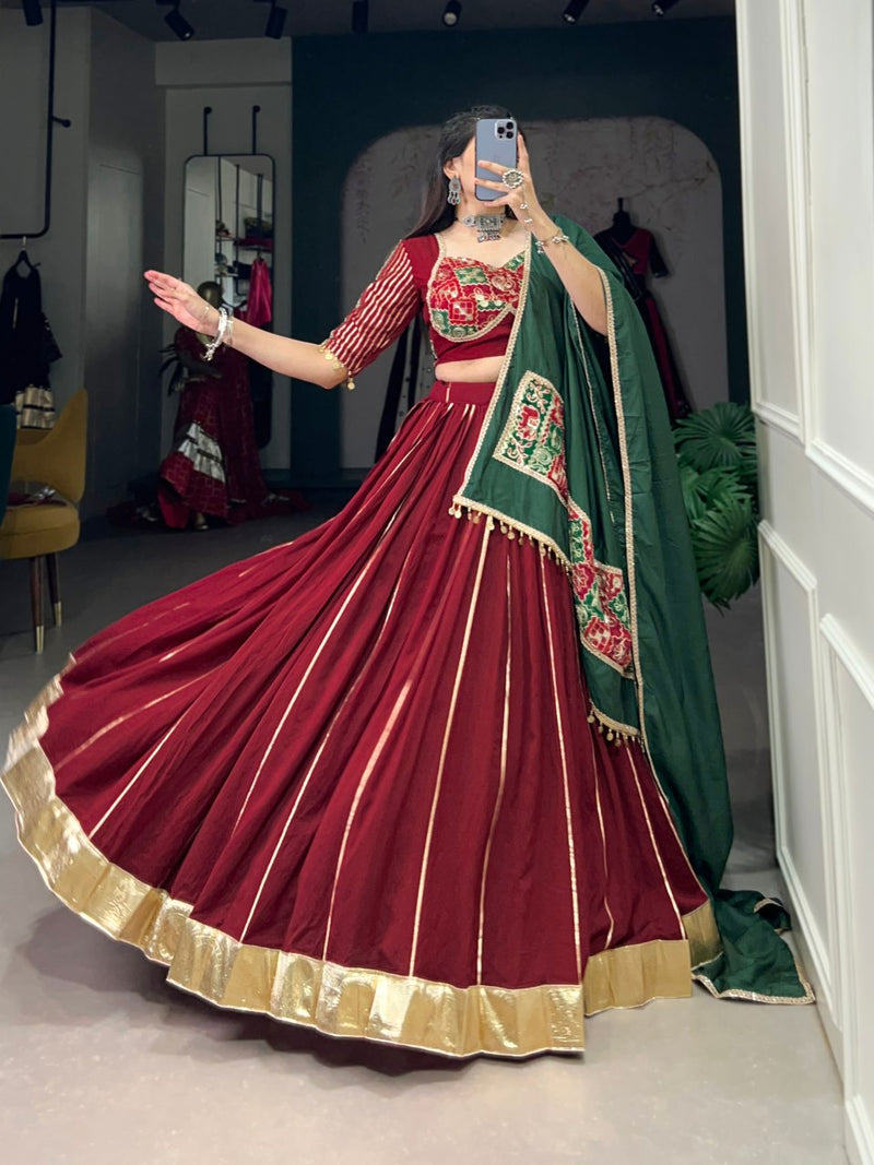 Chanderi Lehenga with zari line gota patti