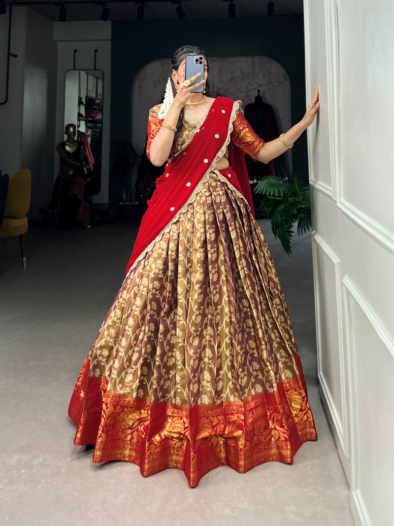 Stunning Zari Adorned Jacquard Silk Lehenga with Graceful Georgette Dupatta