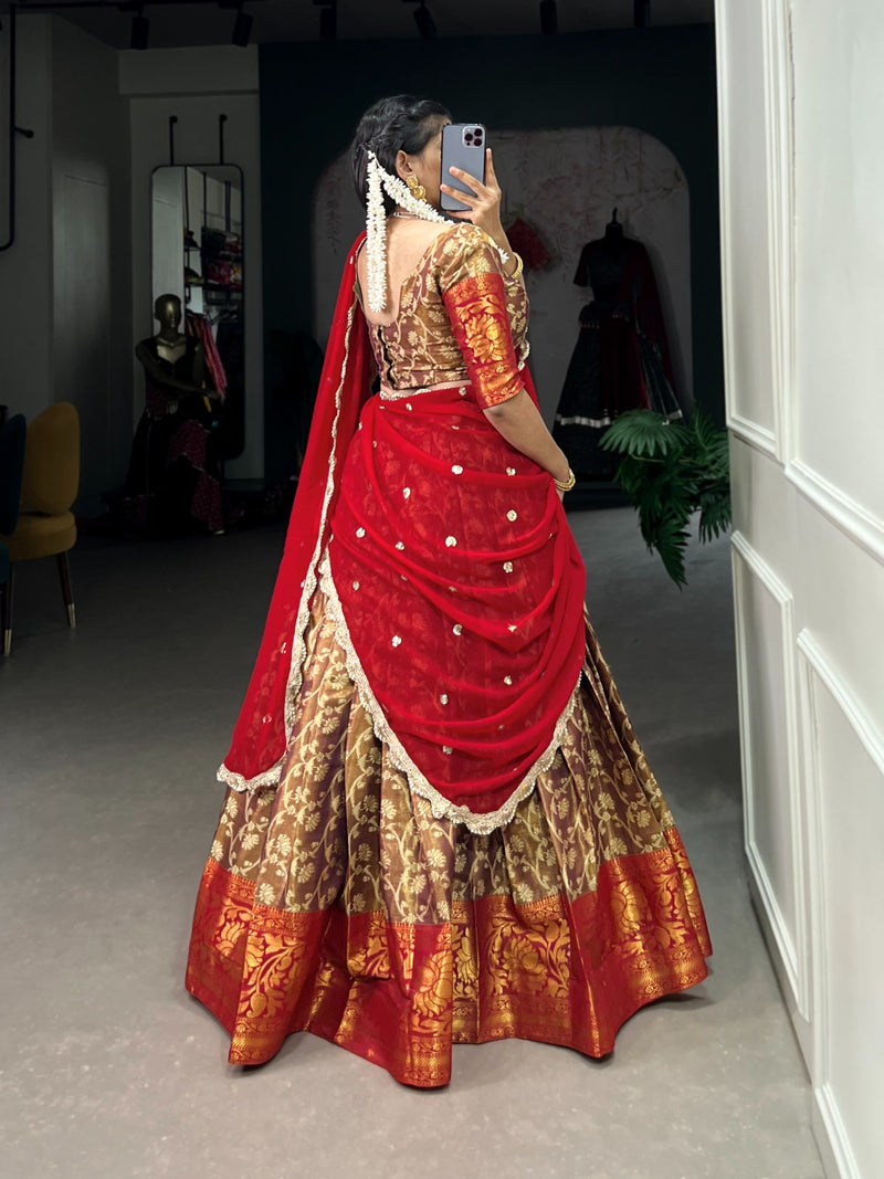 Stunning Zari Adorned Jacquard Silk Lehenga with Graceful Georgette Dupatta