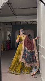 Chinon Silk Lehenga with printed Kalamkari Duppata