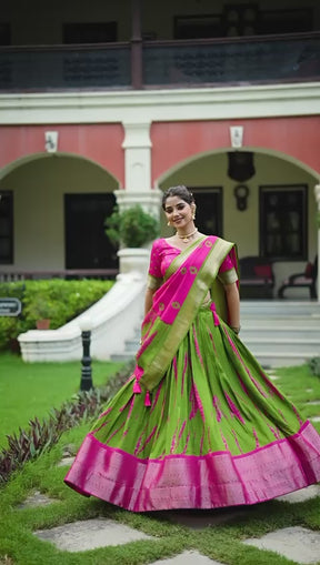PINK & GREEN Shibori Print Dola Silk Lehenga