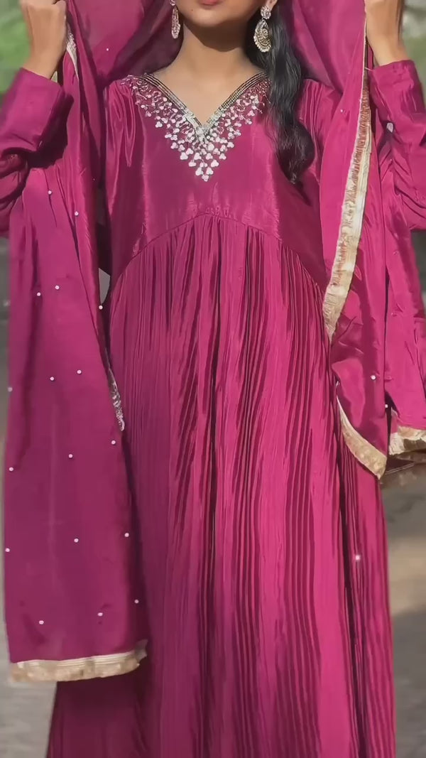 Brown & Pink Pure Chinon Silk Anarkali Gown Set