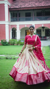 RED & YELLOW Shibori Print Dola Silk Lehenga