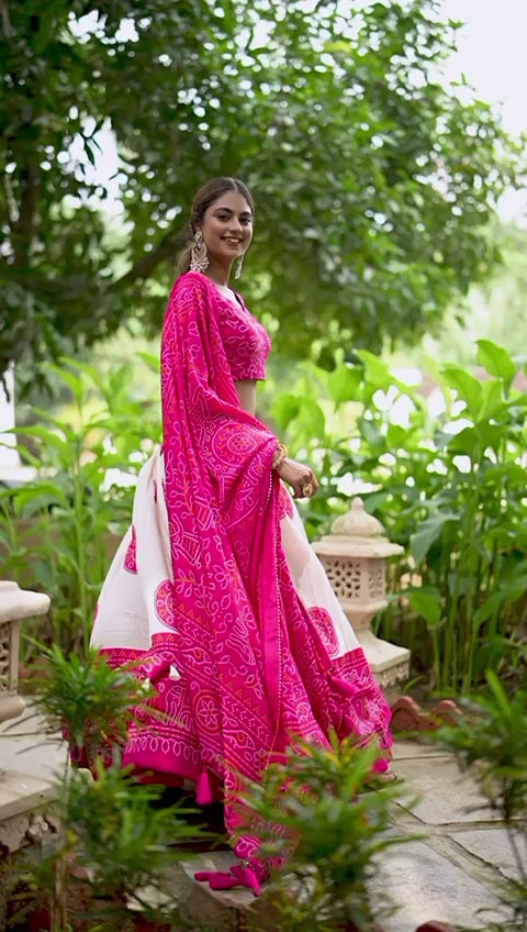 Pink & Green Tussar Lehenga Choli with Bandhej Print