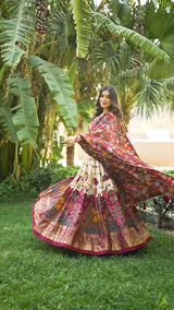 RED & WHITE COLOR Elegant Tussar Silk Kalamkari Lehenga Choli