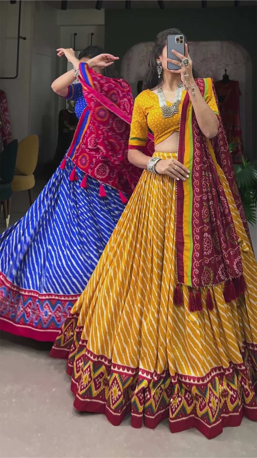 Green Tussar Silk Leheriya Print Lehenga Choli