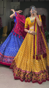 Yellow & Green Tussar Silk Leheriya Print Lehenga Choli