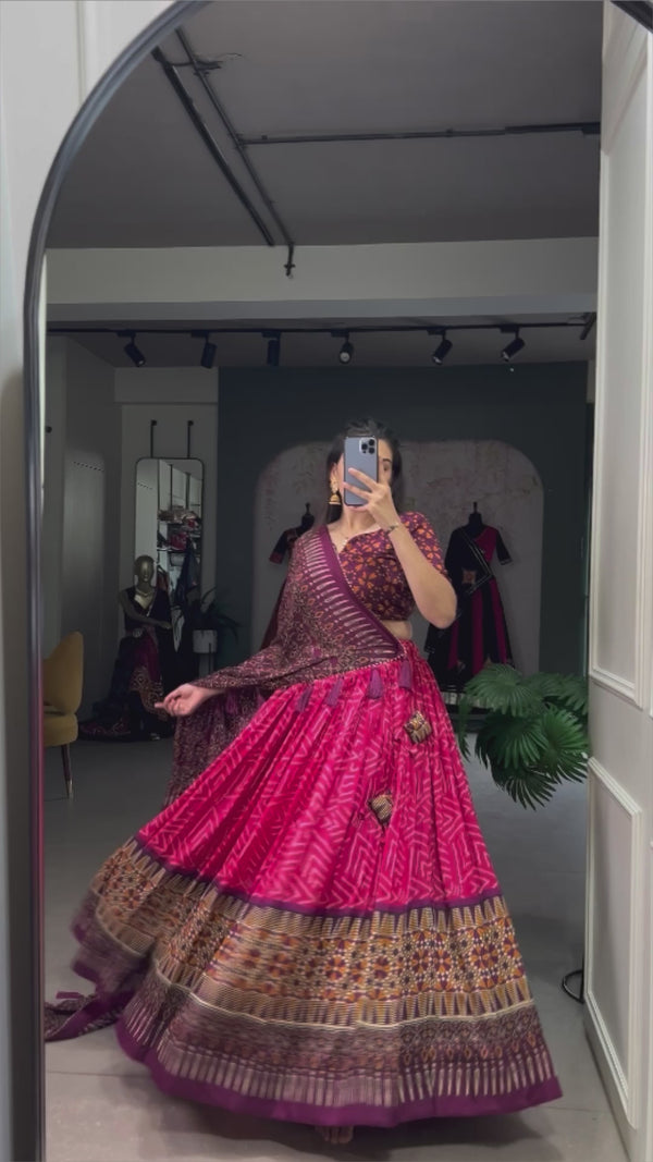 PINK COLOUR Tussar Silk with Bandhej and Ajarakh Print Lehenga