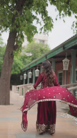 Maroon & Green Rangoli Silk Kurti-Plazzo-Dupatta Set